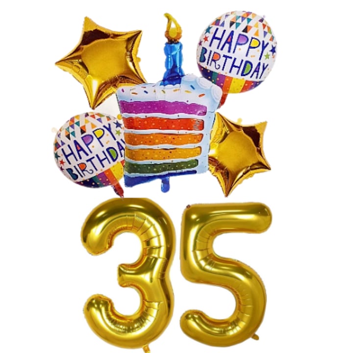 Set 7 baloane folie aniversare 35 ani, folie figurina Tort, zi de nastere, 2 baloane folie rotunde Happy Birthday, 2 stelute aurii si cifre folie aurii