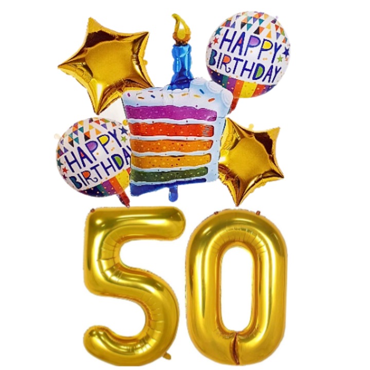 Set 7 baloane folie aniversare 50 ani, folie figurina Tort, zi de nastere, 2 baloane folie rotunde Happy Birthday, 2 stelute aurii si cifre folie aurii