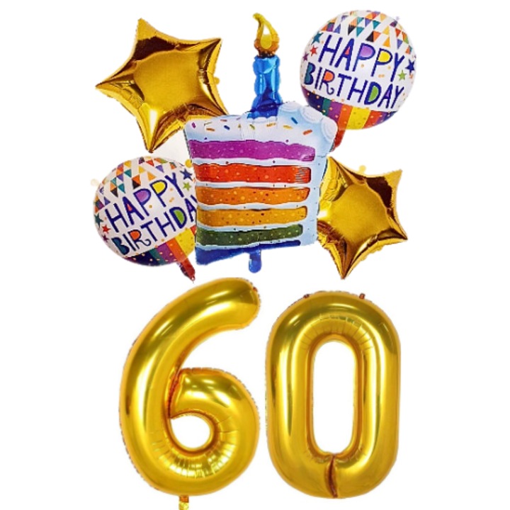 Set 7 baloane folie aniversare 60 ani, folie figurina Tort, zi de nastere, 2 baloane folie rotunde Happy Birthday, 2 stelute aurii si cifre folie aurii