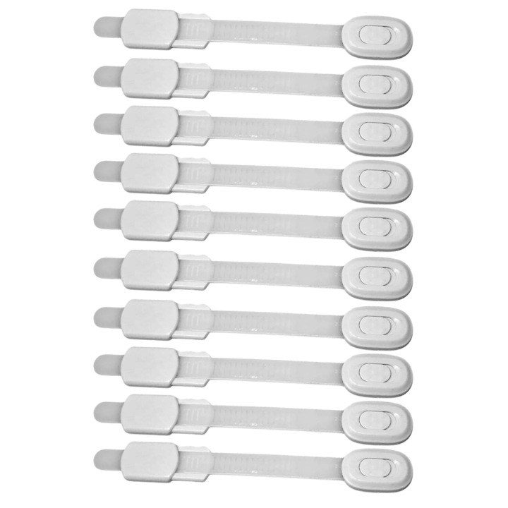 Комплект от 10 предпазителя за детски врати TU&YA®, регулируема дължина, заключване на чекмеджето, врата на фурната, тоалетна, хладилник, фризер, без пробиване, 3M силно лепило, универсално, бяло