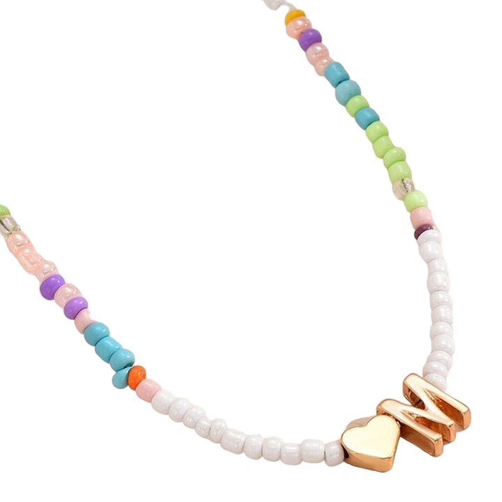 Colier auriu, cu margelute colorate, litera M C2, Pursehuit