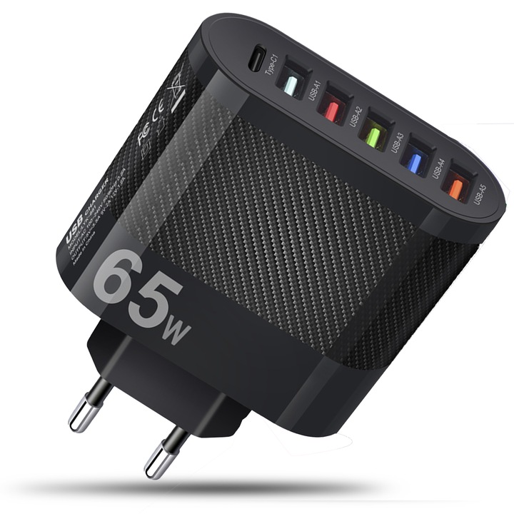 Мрежово зарядно устройство Timebox, 6 порта, 65 W бързо зареждане, 1 x Type-C, 5 x USB, съвместимо, iPhone, Huawei, Samsung, черно