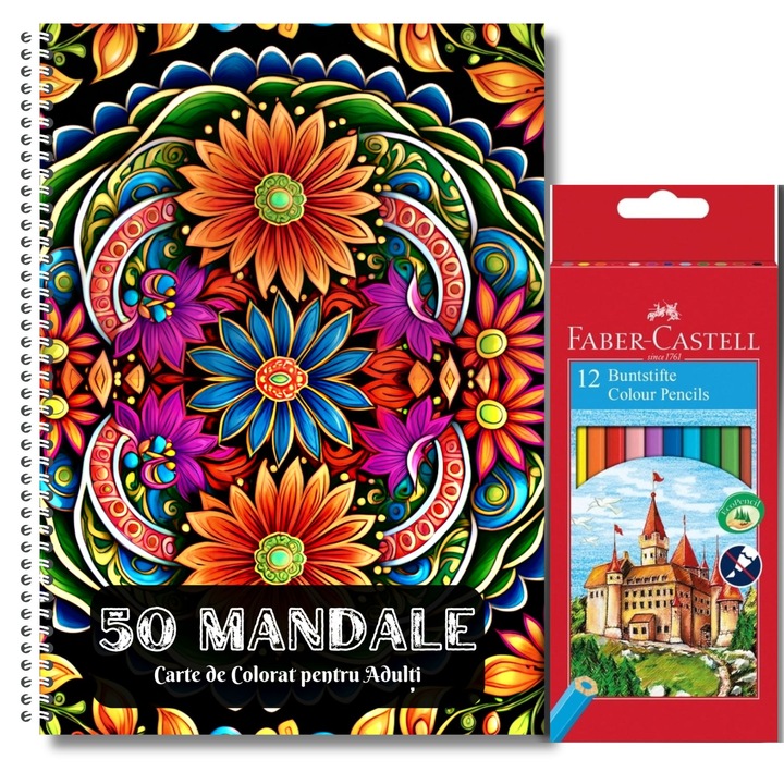 Carte de Colorat pentru Adulti, 50 de Mandale cu Forme Abstracte si Set 12 Creioane Colorate Faber Castell, 104 Pagini, Volumul 2
