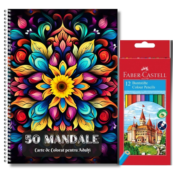 Carte de Colorat pentru Adulti, 50 de Mandale cu Forme Abstracte si Set 12 Creioane Colorate Faber Castell, 104 Pagini, Volumul 3