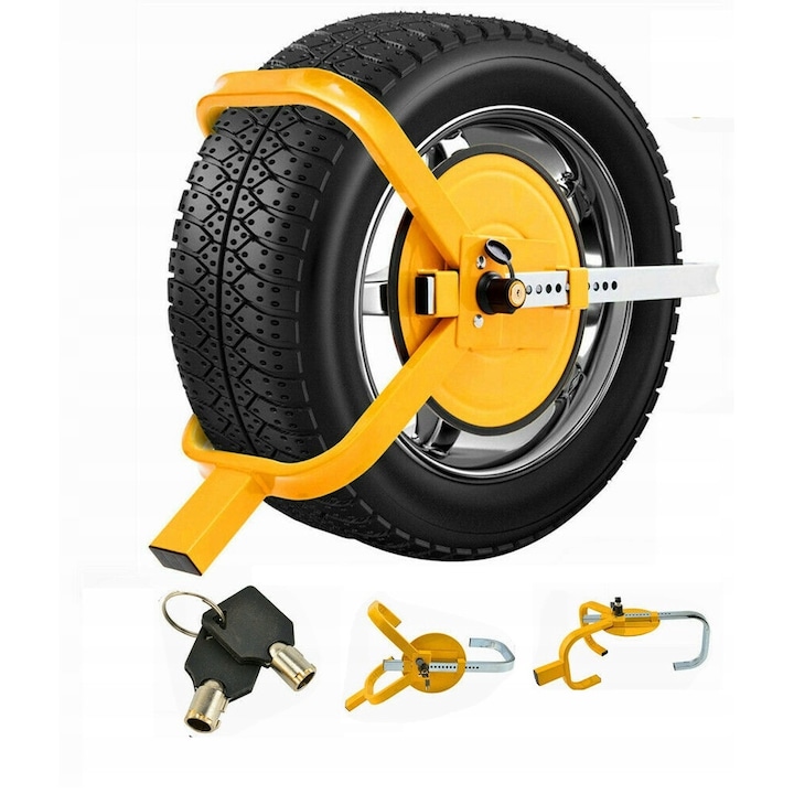 Antifurt Blocator Roata, Pentru Masina, Pentru Remorca, 13-15 Inch, Otel, Galben/Galben