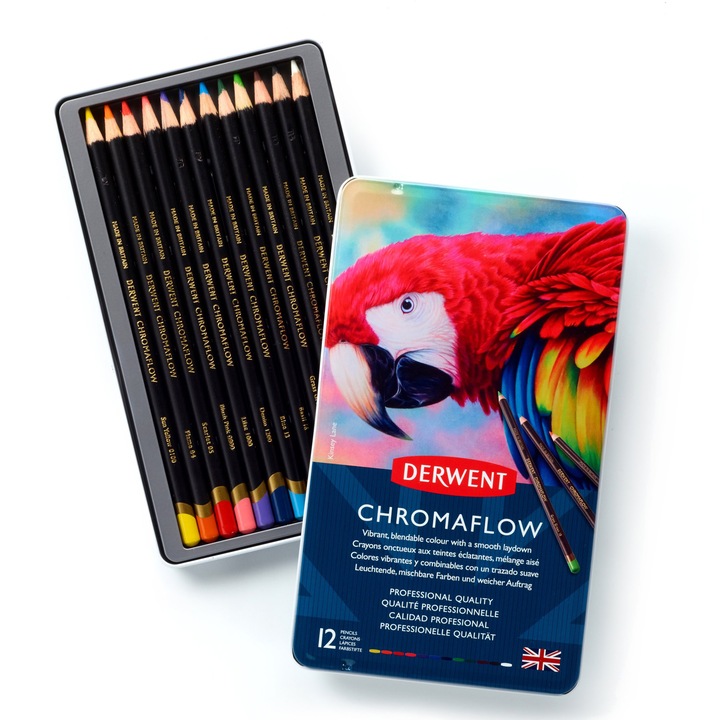 Creioane colorate Derwent Professional Chromaflow, cutie metalica, 12 buc/set