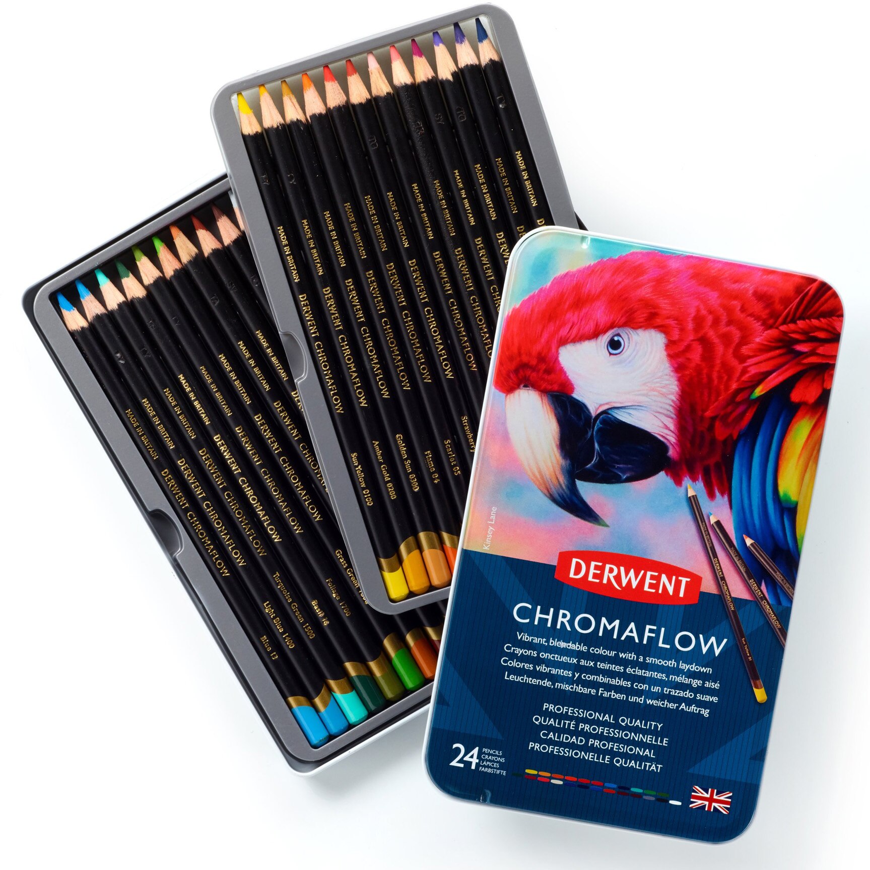 Creioane colorate Derwent Professional Chromaflow, cutie metalica, 24 buc/set