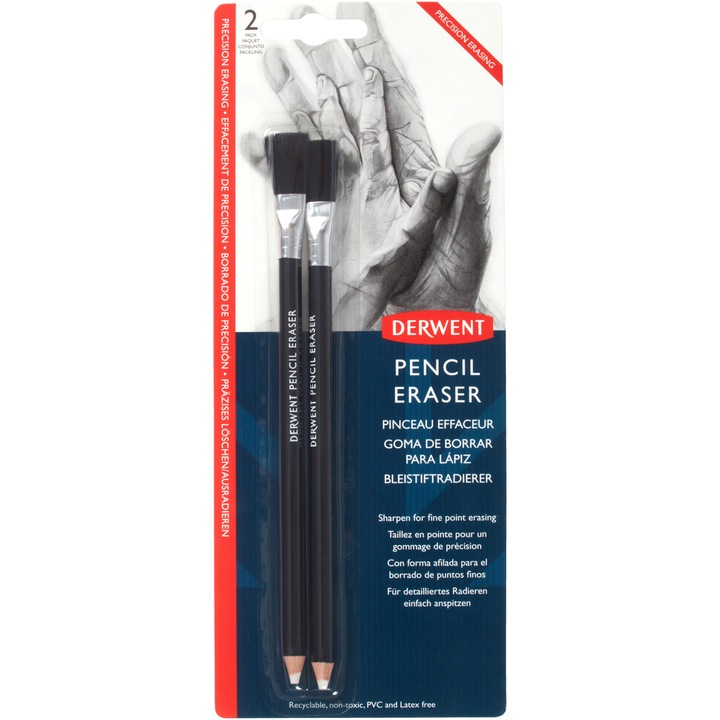 Radiera Derwent Professional, 2 buc/set, tip creion, pensula inclusa, pentru evidentierea liniilor in desenele grafit, blister