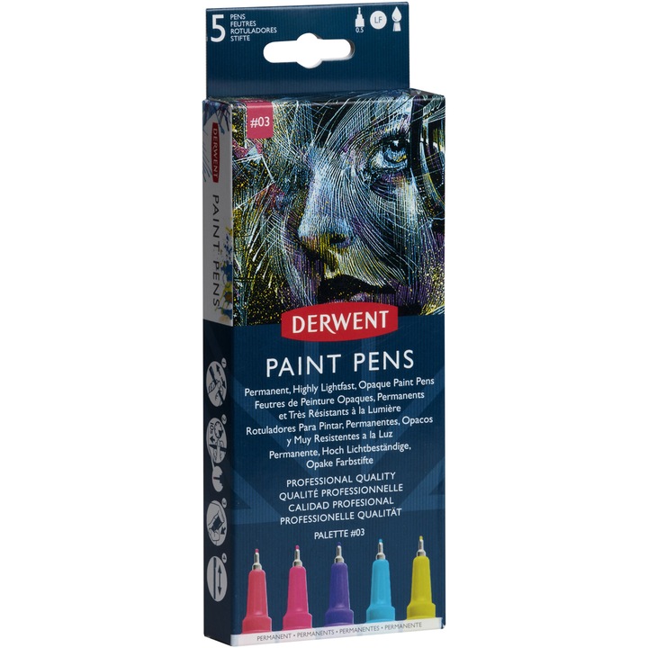 Liner Derwent Professional, 0.5 mm, pentru suprafete multiple, 5 buc/set, culori mate, varianta 3