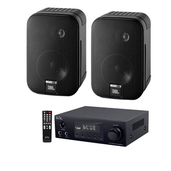 Sistem boxe JBL Control 1 Pro negru cu amplificator bluetooth, USB, FM