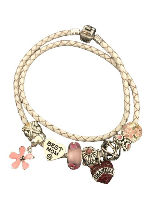 Bratara dubla piele alba 9 charmuri Alb