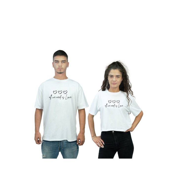 Set 2 Tricouri pentru cuplu personalizat cu mesaj text all we need is love, Bumbac, Alb, 3XL