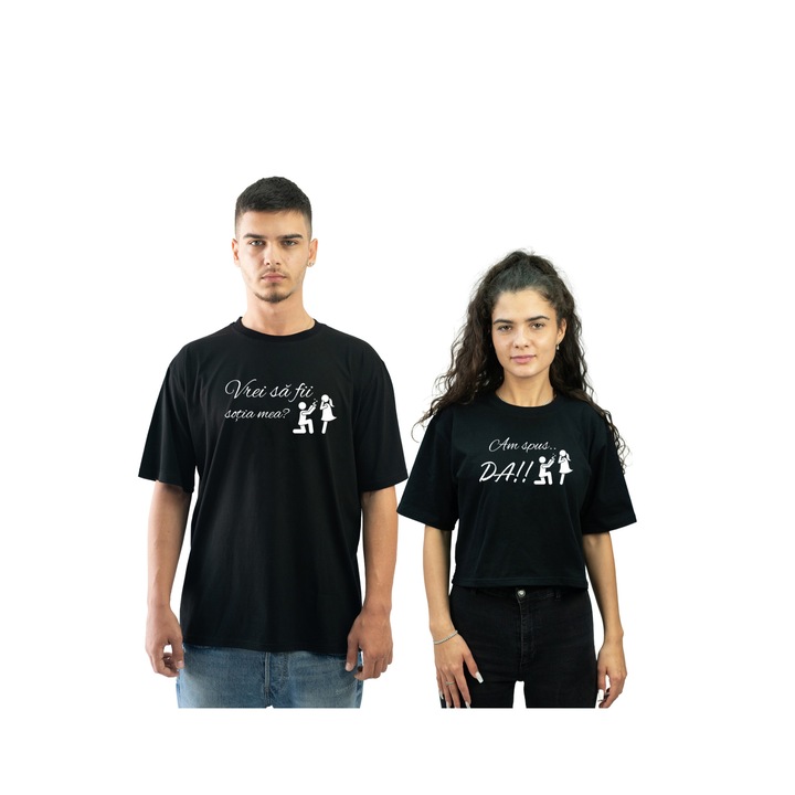 Set 2 Tricouri cadou pentru cuplu personalizat cu mesaj text cerere in casatorie model2, Bumbac, Negru, M