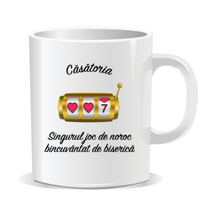 Cana personalizata cu mesaj amuzant, Casatoria - singurul joc de noroc binecuvantat de biserica, 330ml, interior alb