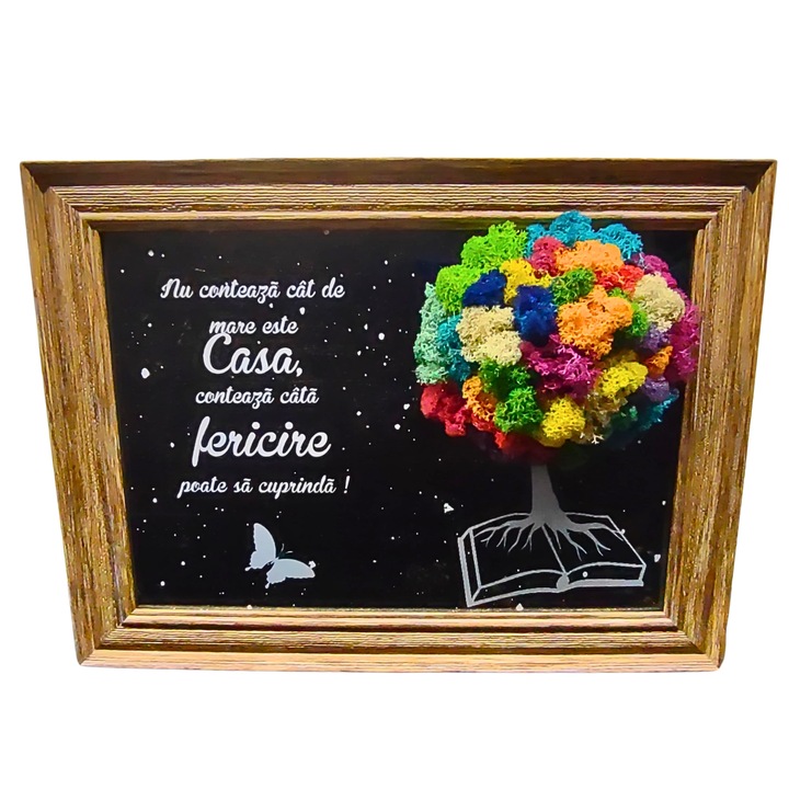 Tablou in rama A4 (30x21 cm) - Nu conteaza cat de mare este Casa, conteaza cata fericire poate sa cuprinda, decorat cu licheni stabilizati multicolor
