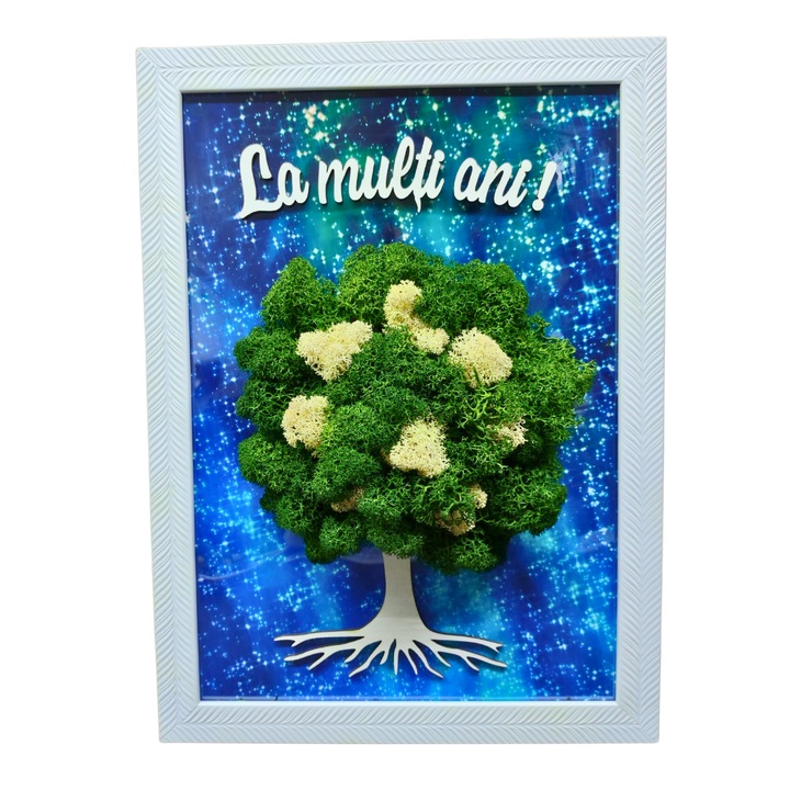 Tablou in rama A4 (30x21 cm) - La multi ani! - v1, decorat cu licheni stabilizati multicolor