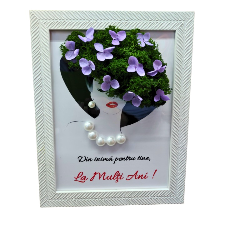 Tablou in rama A5 (21x15 cm) - Din inima pentru tine. La multi ani! - v1 decorat cu licheni stabilizati si hortensii