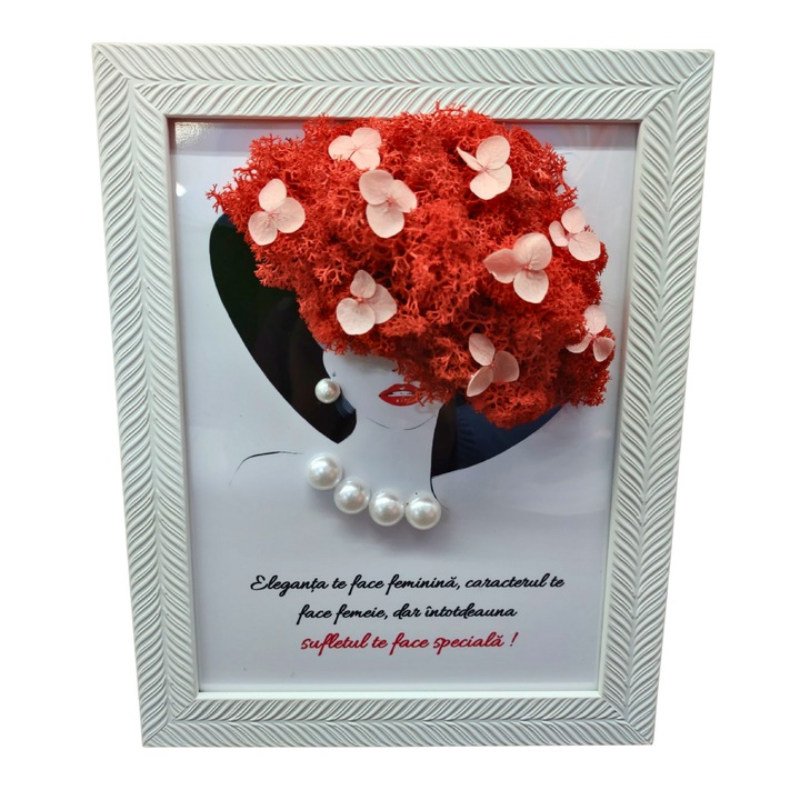 Tablou in rama A4 (30x21 cm) - Eleganta te face feminina, caracterul te face femeie - v2 decorat cu licheni stabilizati rosii