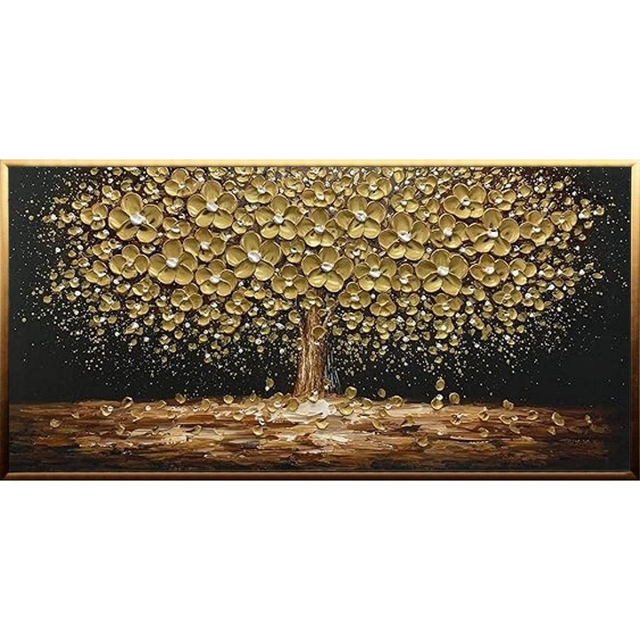 Tablou pictat manual ulei pe panza, tehnica texturata, 100x50cm, Copacul vietii, Foita de aur, maro, negru, auriu