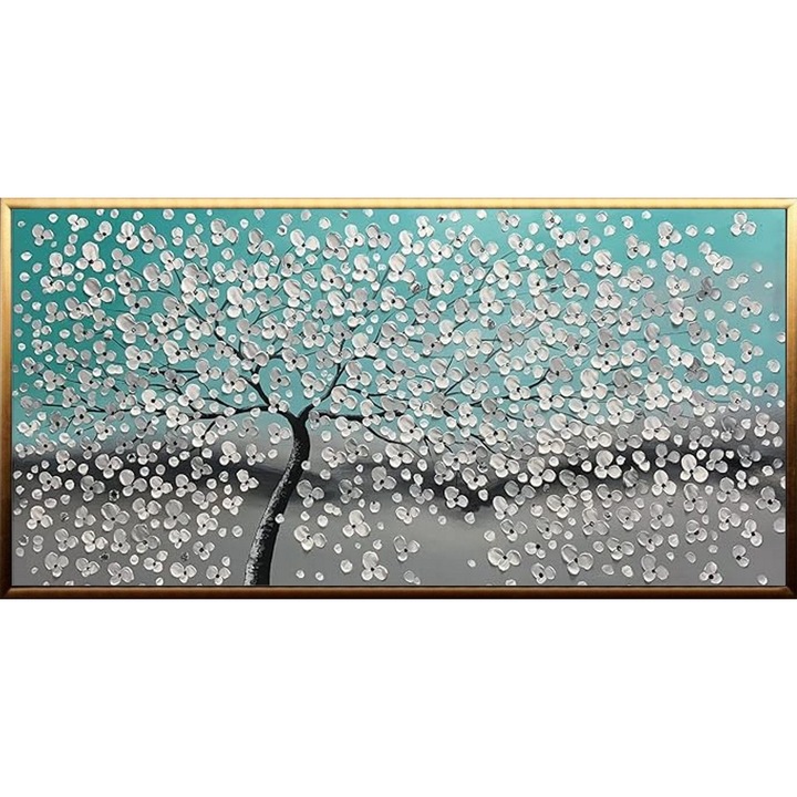 Tablou pictat manual ulei pe panza, tehnica texturata, 100x50cm, Copac cu flori albe, Pictura in cutit, Alb, turcoaz, negru