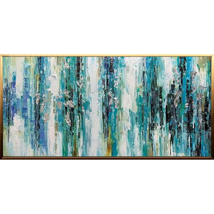 Tablou pictat manual ulei pe panza, tehnica texturata impasto, 100x50cm, Pictura in cutit living, multicolor