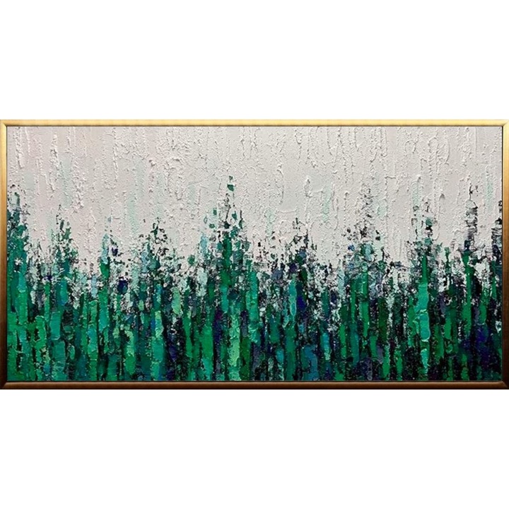 Tablou pictat manual ulei pe panza, tehnica texturata, 100x50cm, Pictura in cutit living, Padurea de brazi, verde, gri, negru