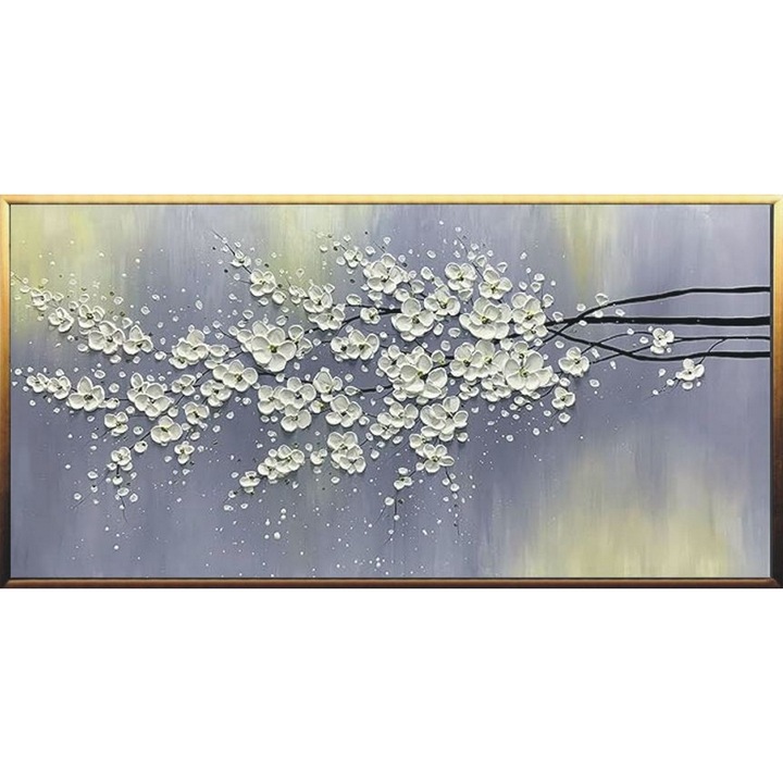 Tablou pictat manual ulei pe panza, tehnica texturata, 100x50cm, P FLori albe de cires, alb, mov, crem