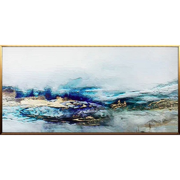 Tablou pictat manual ulei pe panza, tehnica texturata, 100x50cm, Peisaj abstract costal, Ocean, multicolor