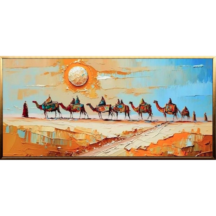Tablou pictat manual ulei pe panza, tehnica texturata, 100x50cm, Pictura peisaj de vara cu camile, multicolor