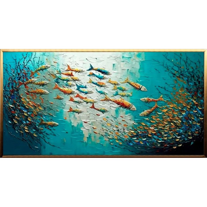 Tablou pictat manual ulei pe panza, tehnica texturata, 100x50cm, Pictura cu pesti in ocean, multicolor