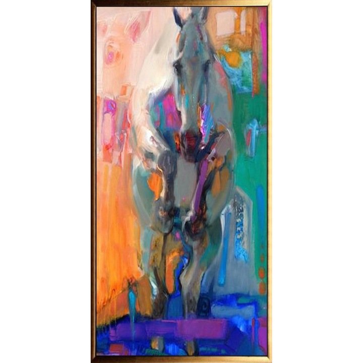 Tablou pictat manual ulei pe panza, tehnica texturata, 100x50cm, Pictura abstracta cu cal, multicolor