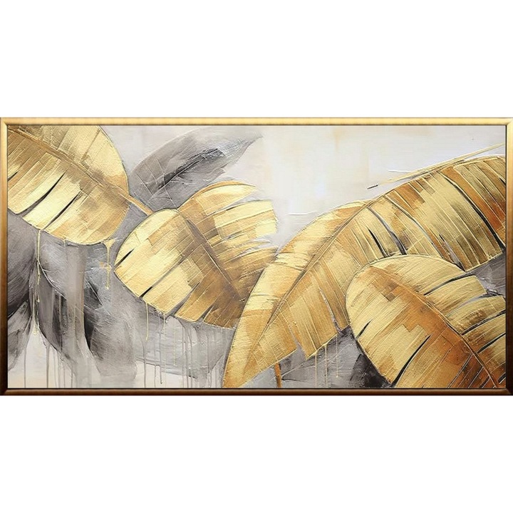 Tablou pictat manual ulei pe panza, tehnica texturata, 100x50cm, Frunze aurii, Pictura hol, foita de aur, gri, auriu, alb
