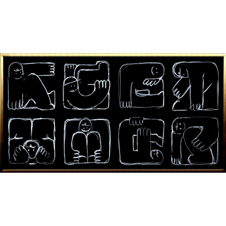 Tablou pictat manual ulei pe panza, tehnica texturata, 100x50cm, Idei, Alb, negru