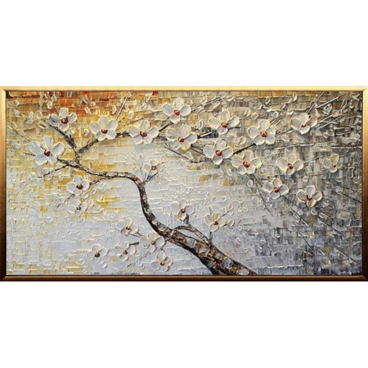 Tablou pictat manual ulei pe panza, tehnica texturata, 100x50cm, Pictura copac cu flori albe, Alb, gri, maro