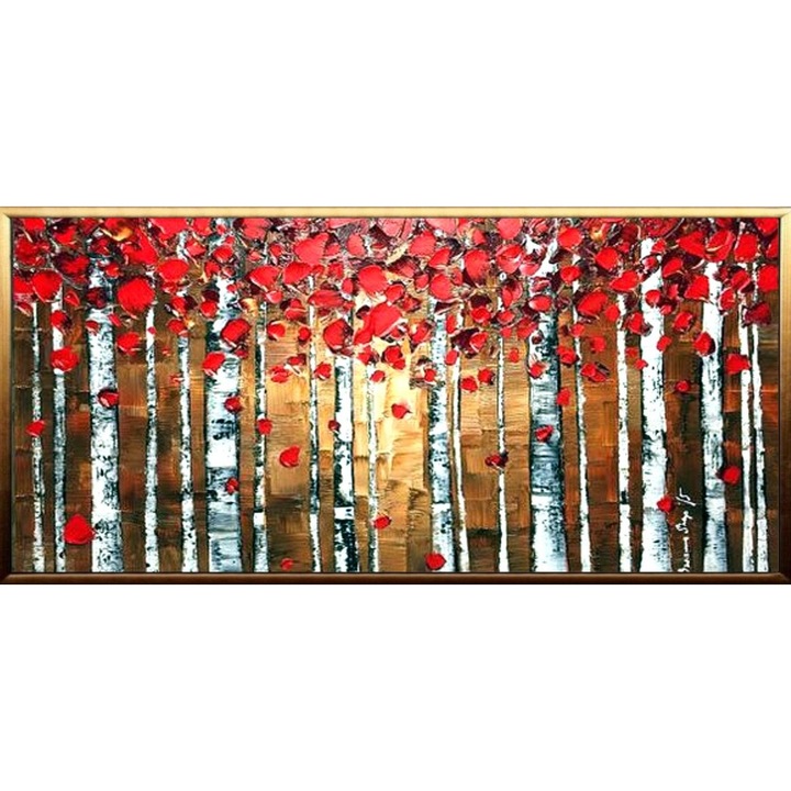 Tablou pictat manual ulei pe panza, tehnica texturata, 100x50cm, Pictura peisaj padurea alba cu flori rosii, Rosu, Alb, maro