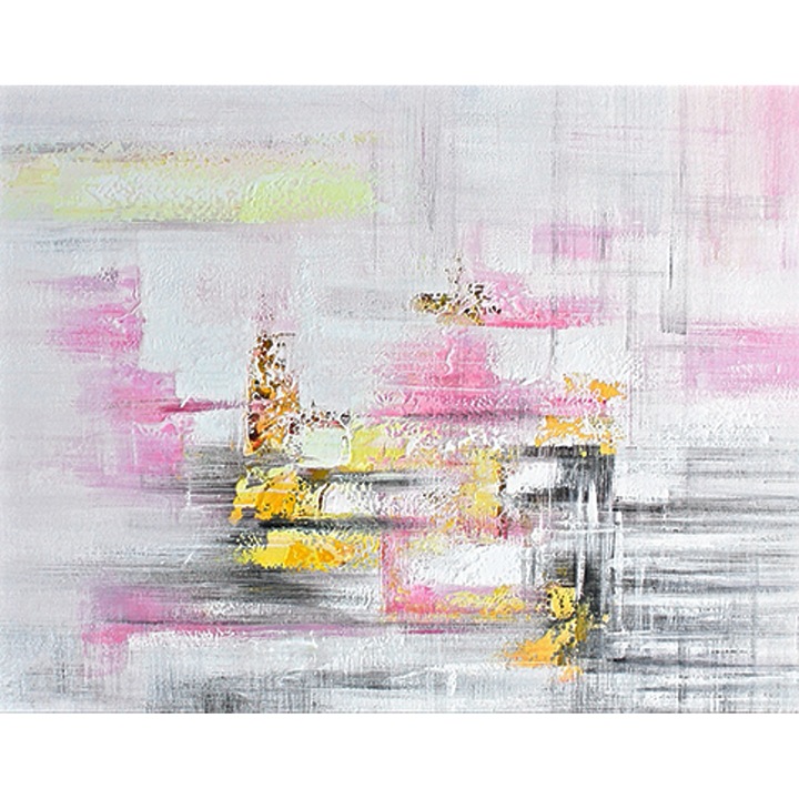 Tablou pictat manual ulei pe panza, tehnica texturata, 100x50cm, Pictura living in cutit, Roz pudrat, galben, gri
