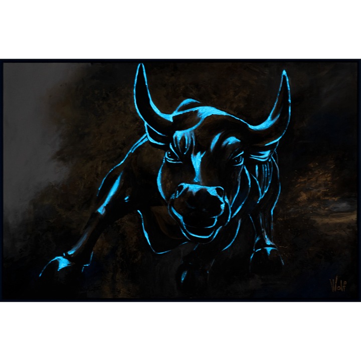 Ръчно рисувана картина върху платно, Символ на безстрашието, абстрактна, със синя рамка, 3D самосветещ флуоресцентен акрил, истинско изкуство, 120x80 см