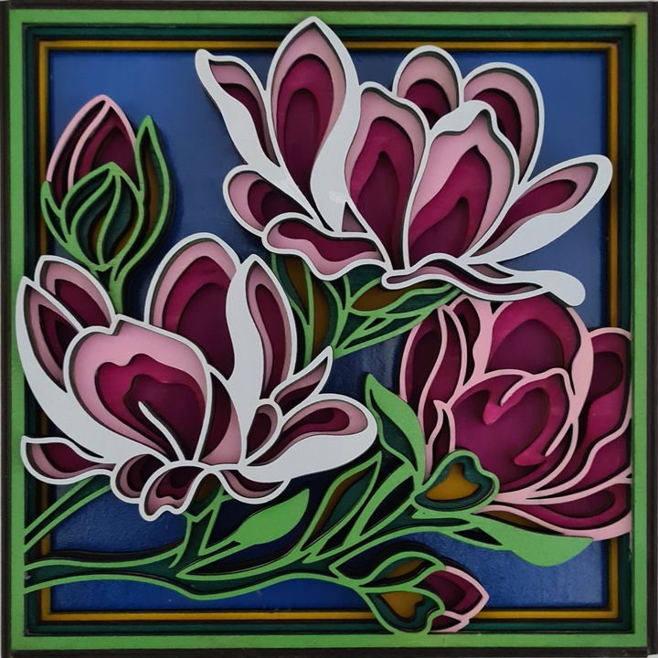 Картина на платно, Многослойна плоскост Магнолии, 3 мм шперплат от бреза, 192x192x35 мм