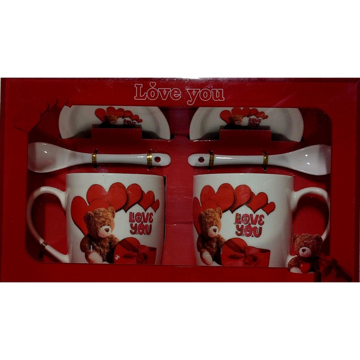 Set cana Love 2 bucati, cana, lingurinta si farfurie, rosu, ursuleti