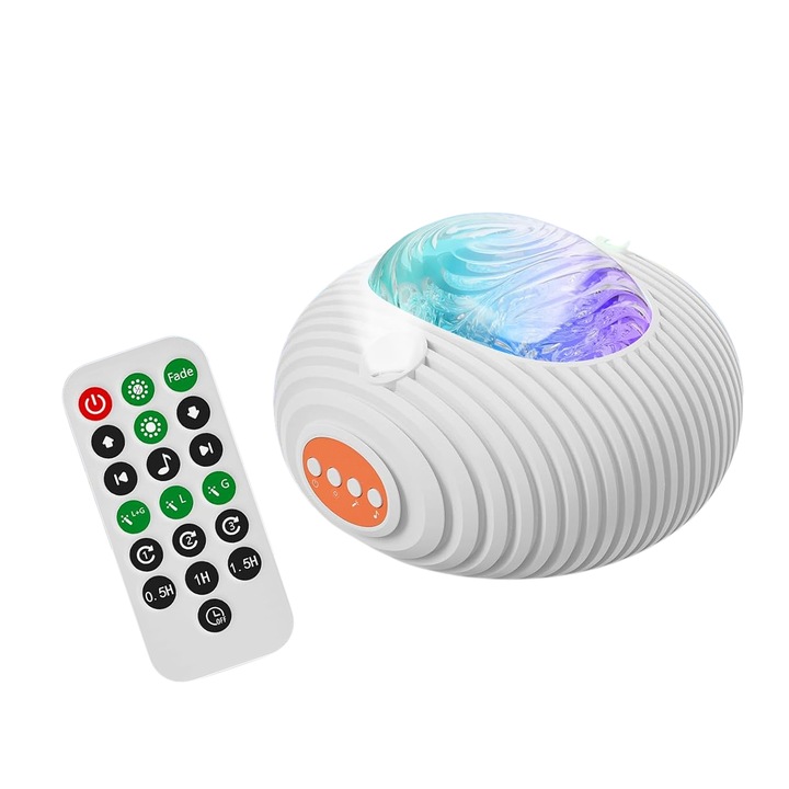 Lampa de Veghe cu Proiector de Stele, Luna, Aurora Boreala si Galaxie, Lumina Ajustabila, Timer, Telecomanda, Sunete Albe, 14 Culori, 5 Melodii, Reincarcabila