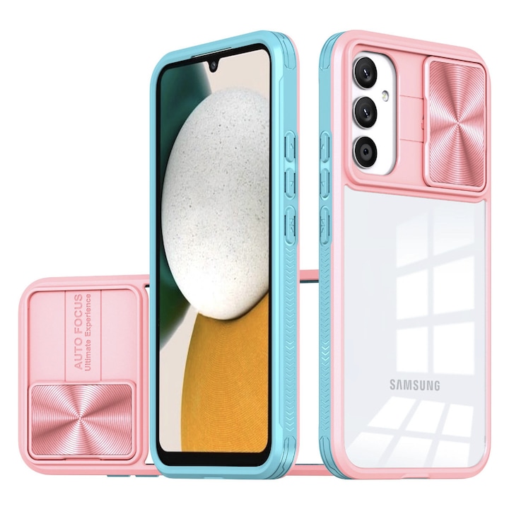 Husa Premium transparenta cu protectie glisanta metalica, compatibila cu Samsung Galaxy S24 Plus / Roz multicolor