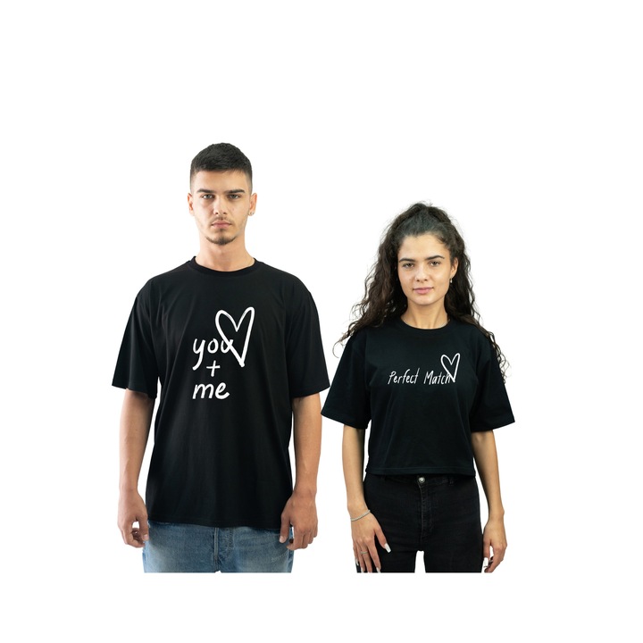 Set 2 Tricouri pentru cuplu personalizat cu mesaj text valentine s day perfect you and me perfect match, Bumbac, Negru, XL