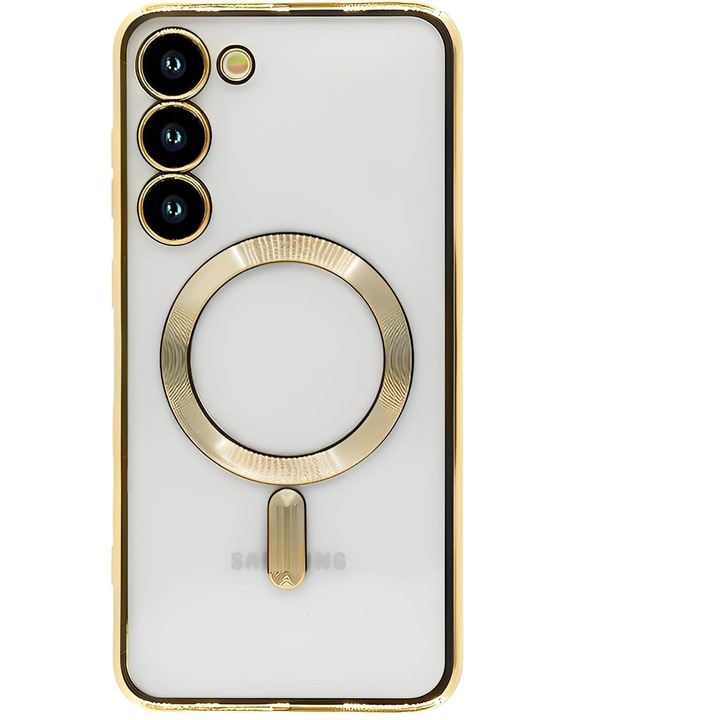 Калъф за мобилен телефон Samsung Galaxy S24 Plus ALC MOBILE със защита на камерата Съвместим със защитен калъф MagSafe Прозрачен анти-пожълтяване Удароустойчив златен контур