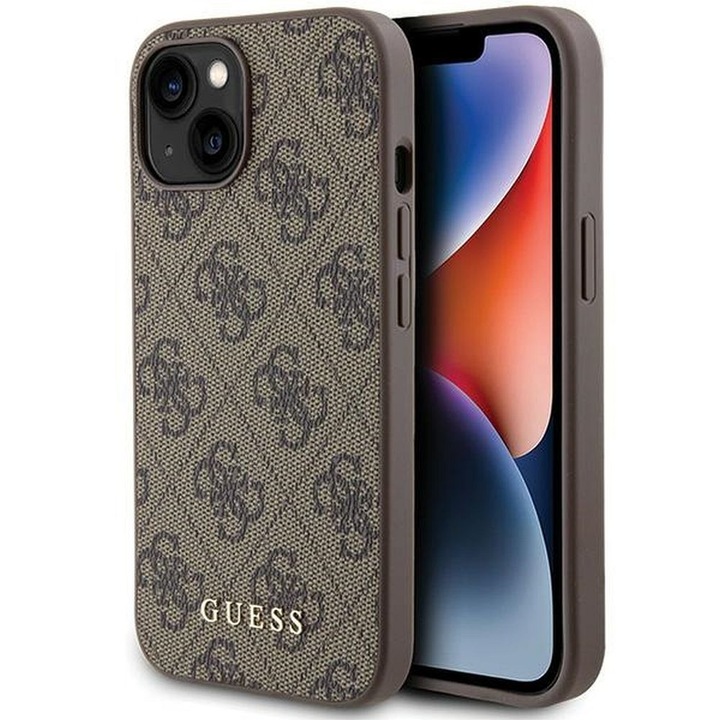 Husa Guess Compatibila cu iPhone 13/14/15, Magsafe, Logo Guess, Maro