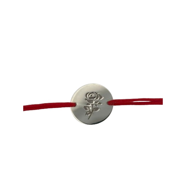 Martisor bratara snur cu trandafir decupat, Pandantiv argintiu, Reglabila