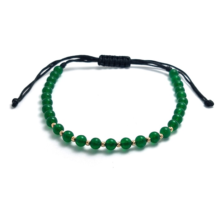 Bratara cu snur, 10 bilute striate 2mm din aur 14k, Jad Verde, dimensiune reglabila
