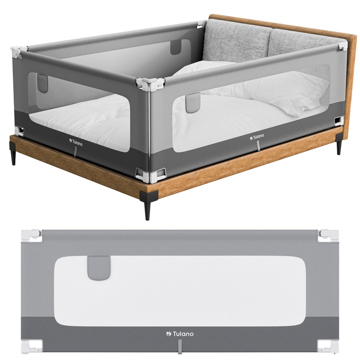 Защитна преграда за легло, предпазен ръб 180 Cm Tulano Cover 48, с регулируема височина, Сив