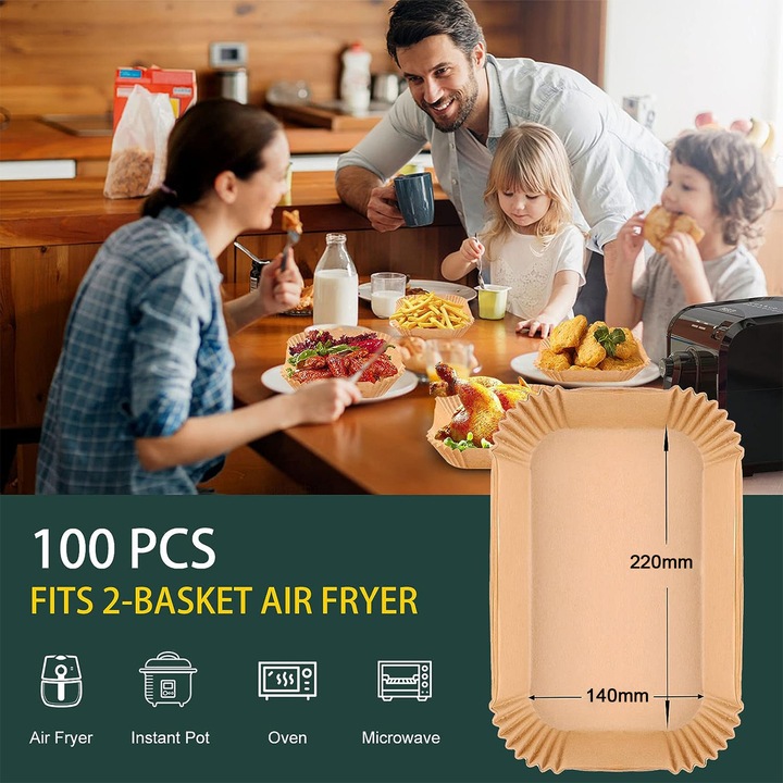 Set 100 captuseli de unica folosinta pentru friteuza cu aer, NUODWELL, Material alimentar, rezistent la temperaturi de pana la 220°C, 22x14cm, rezistent la apa si ulei, neadeziv, usor de utilizat, maro