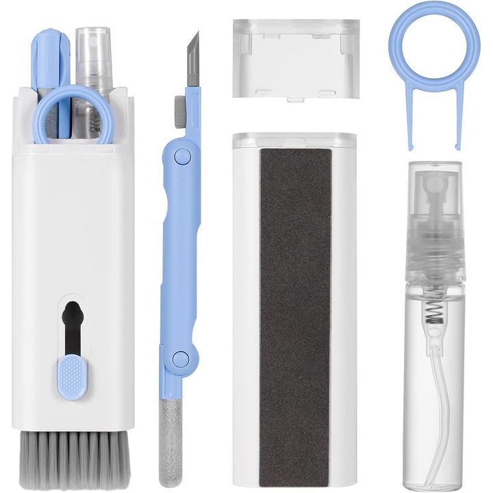 Kit premium de curatare produse electronice DIGIMAT®, telefon/casti/tastatura/ecran TV, 7 in 1 accesorii, detailing complet, Albastru