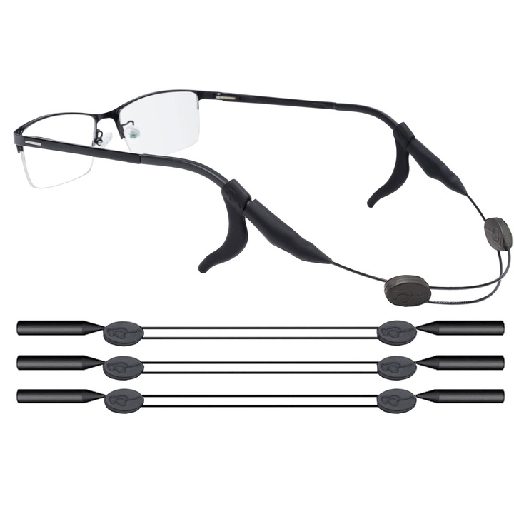 Set 3 snur dimensionabil de ochelari, NUODWELL, Material siliconic moale, extensibil si reglabil, curea anti-pierdere, folosit la fixarea ochelarilor, negru